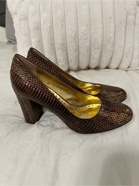 BCBGirls Brown Snake-Print Block Heel Pumps